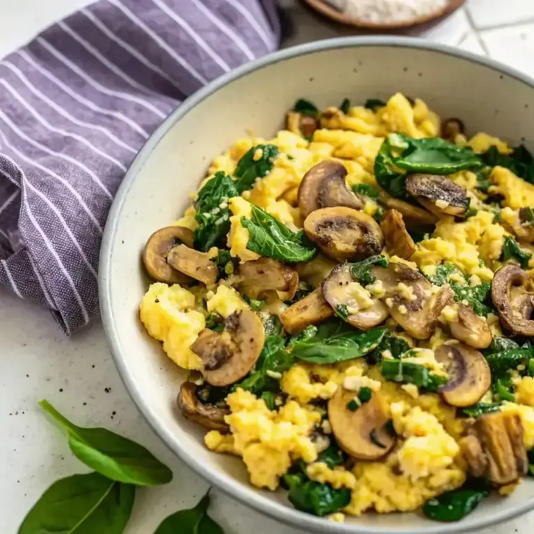 10 Minute Mushroom Spinach Scramble - easy high protein recipe