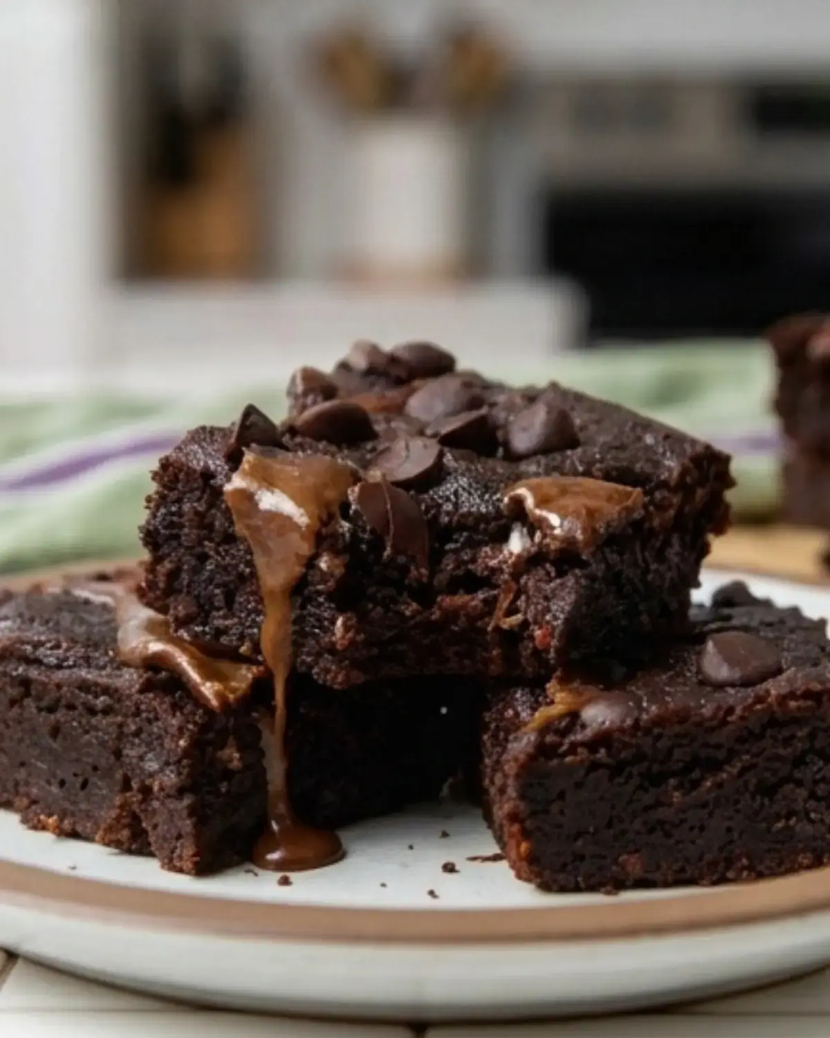 Fudgy protein brownie with melted chocolate drip on a white plate