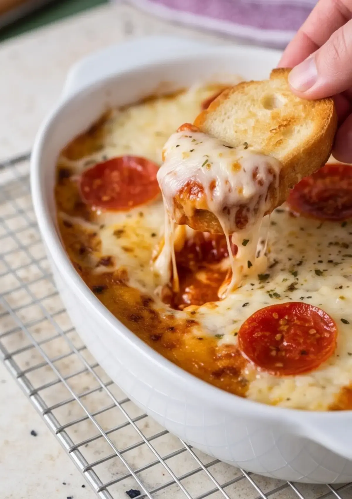 Close-up of a cheesy cottage cheese pizza bowl with a spoon pulling up a stretchy cheese pull