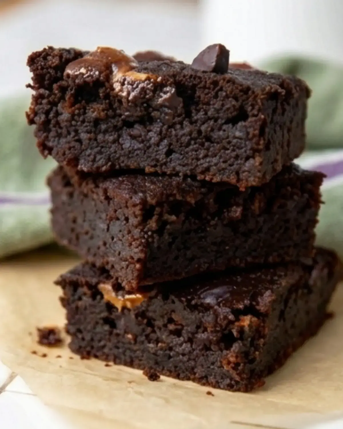 Stack of fudgy brownies with melted chocolate chips on a green striped towel