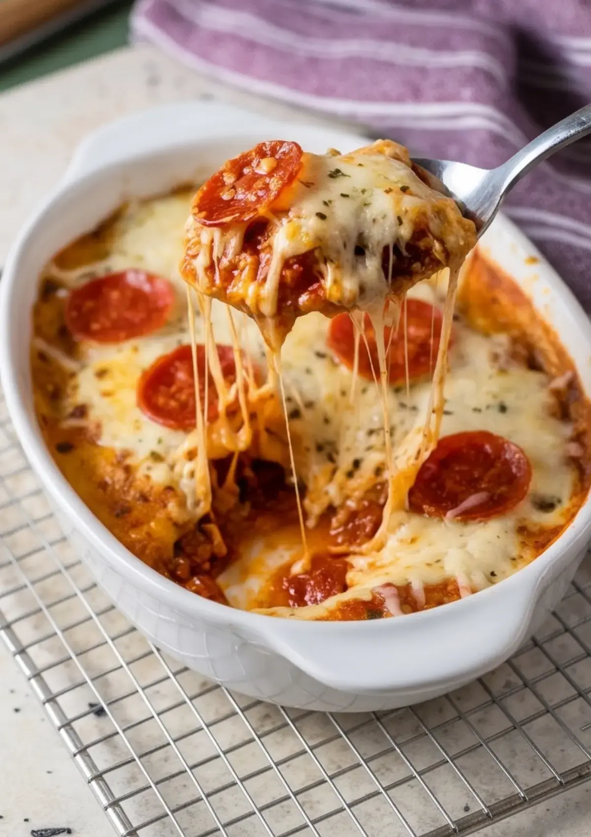 Toasted bread dipped into a bubbling cottage cheese pizza bowl with pepperoni and mozzarella