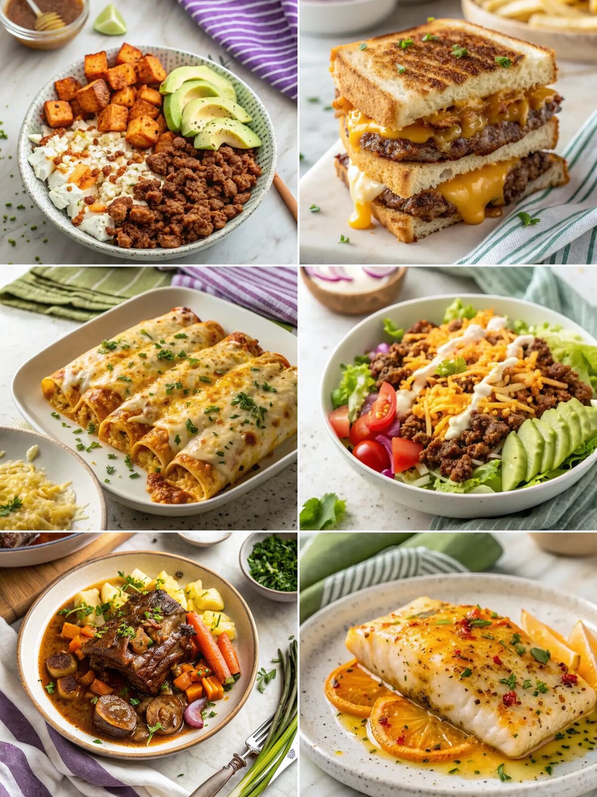 Collage of 35g protein: viral high protein cottage cheese taco bowl, juicy grilled cheese burger sandwich, quick healthy chicken enchiladas, high protein cheeseburger bowl, tender braised short ribs recipe, orange dijon grilled halibut