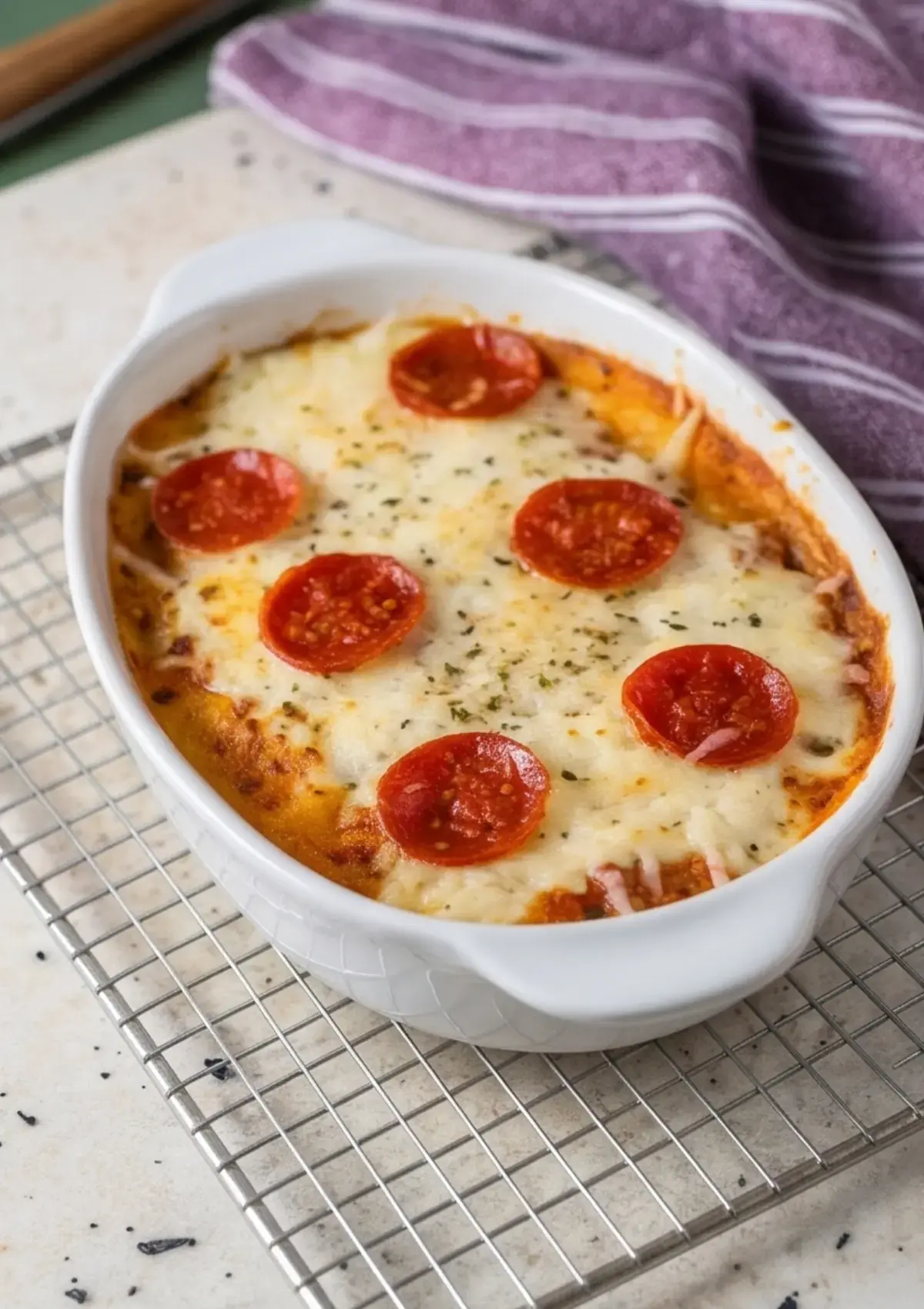 Overhead shot of a creamy cottage cheese pizza bowl fresh out of the oven, golden and bubbly