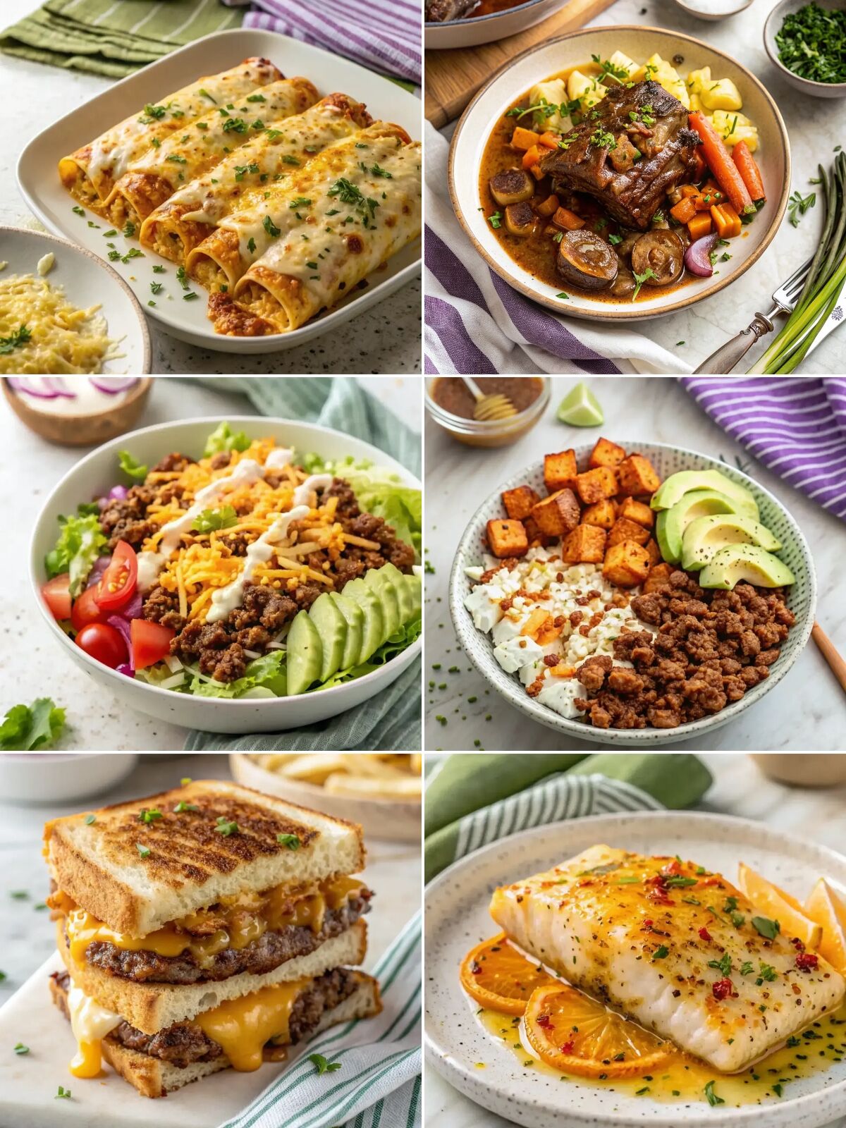 Collage of 45g protein: quick healthy chicken enchiladas, tender braised short ribs recipe, high protein cheeseburger bowl, viral high protein cottage cheese taco bowl, juicy grilled cheese burger sandwich, orange dijon grilled halibut