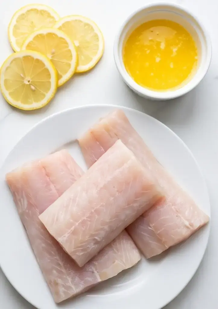 Close-up of a flaky baked mahi mahi fillet seasoned with herbs and served with lemon
