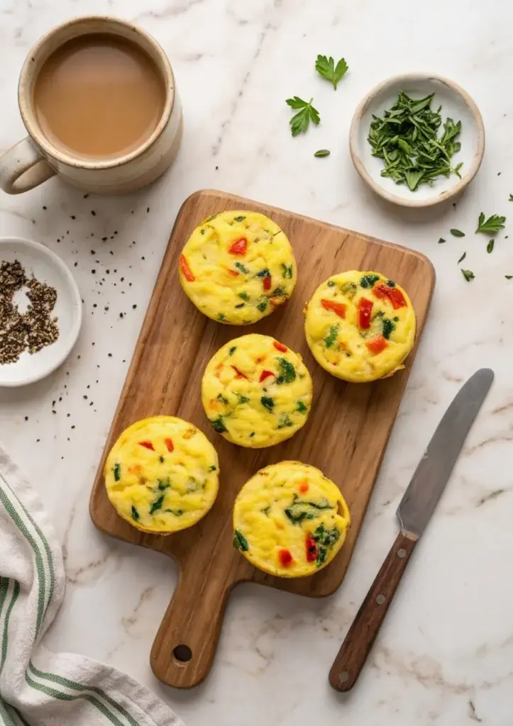 Cottage cheese egg bites with spinach, bacon and cheddar cheese on a plate