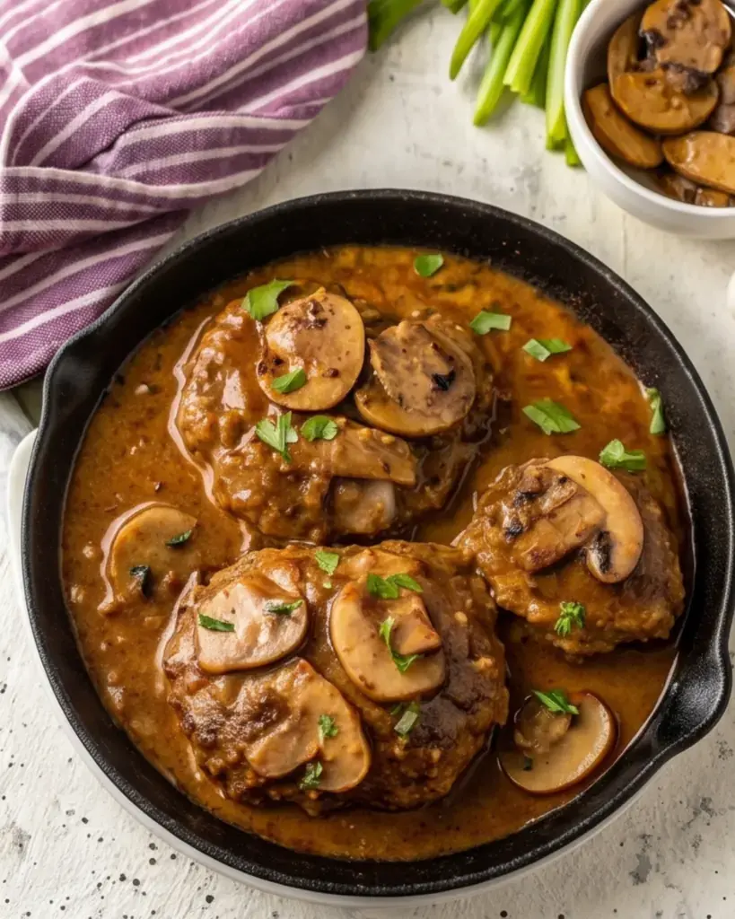 Overhead view of Salisbury steak patties with mushroom gravy in a skillet