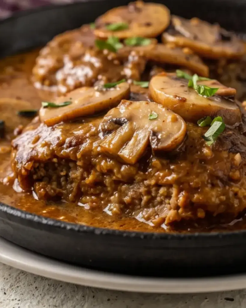 Close-up of Salisbury steak smothered in mushroom gravy in a cast iron skillet