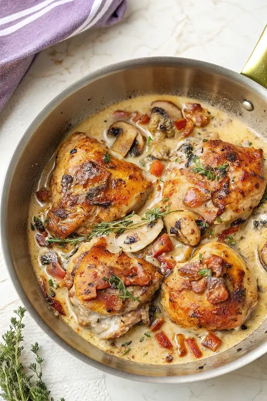 Creamy Bacon Mushroom Chicken Thighs, one of our 30g protein dinners