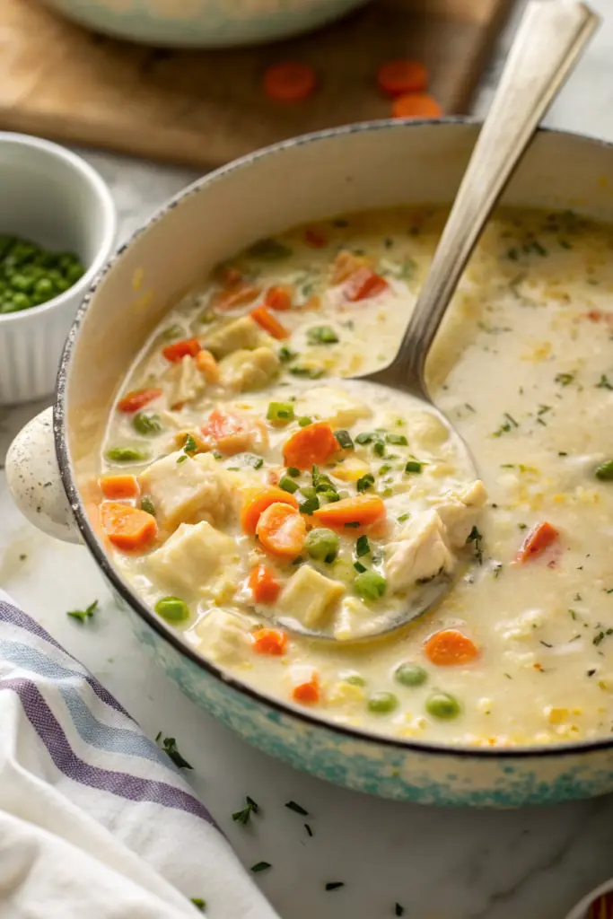 Creamy Chicken Pot Pie Soup, one of our 30g protein dinners