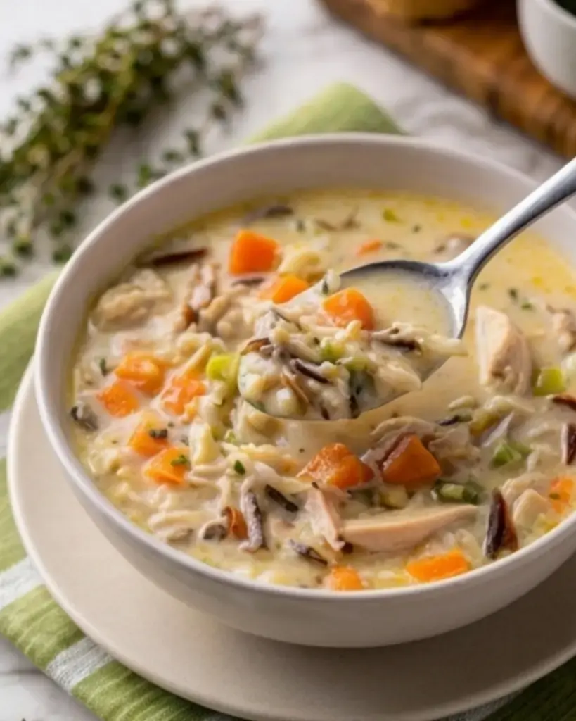 Spoon lifting creamy chicken wild rice soup out of a bowl showing thick creamy texture