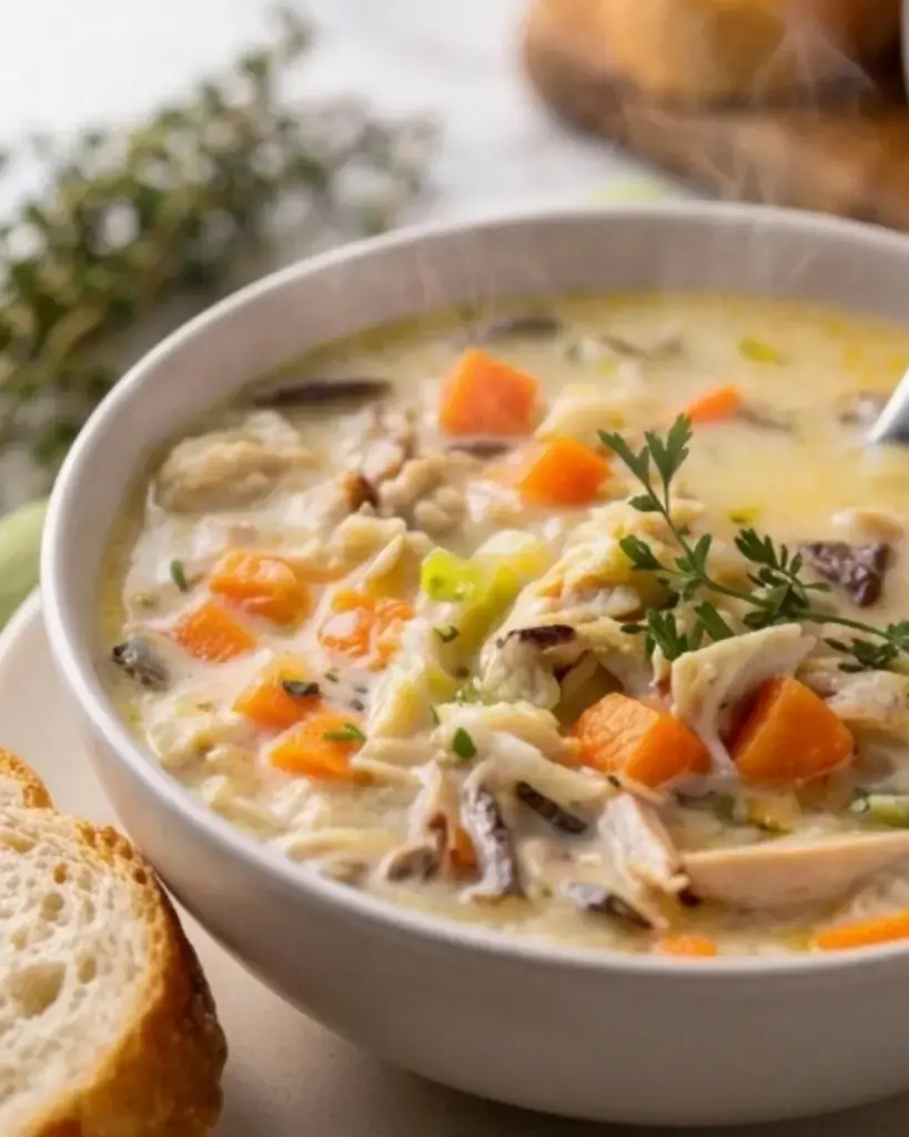 Close-up of a bowl of creamy chicken wild rice soup with carrots and sliced bread on the side