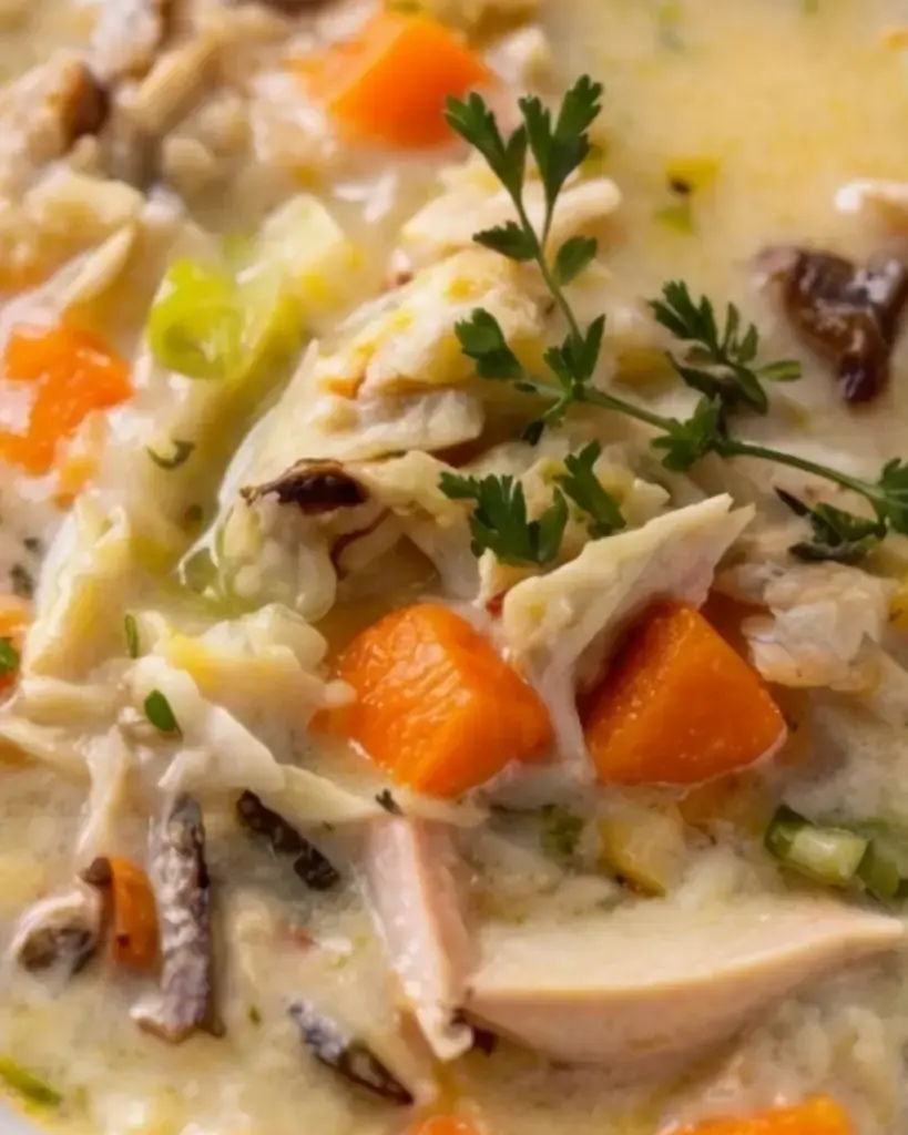 Macro shot of creamy chicken wild rice soup with shredded chicken, carrots and wild rice