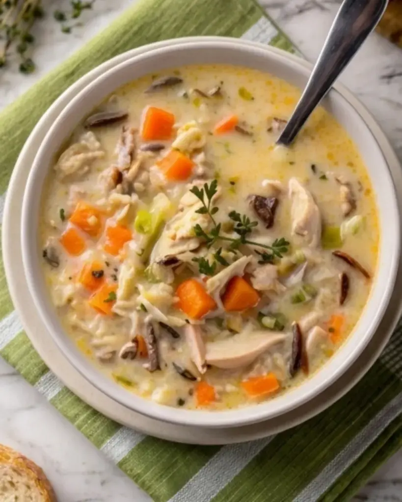 Overhead view of a bowl of creamy chicken wild rice soup garnished with fresh herbs