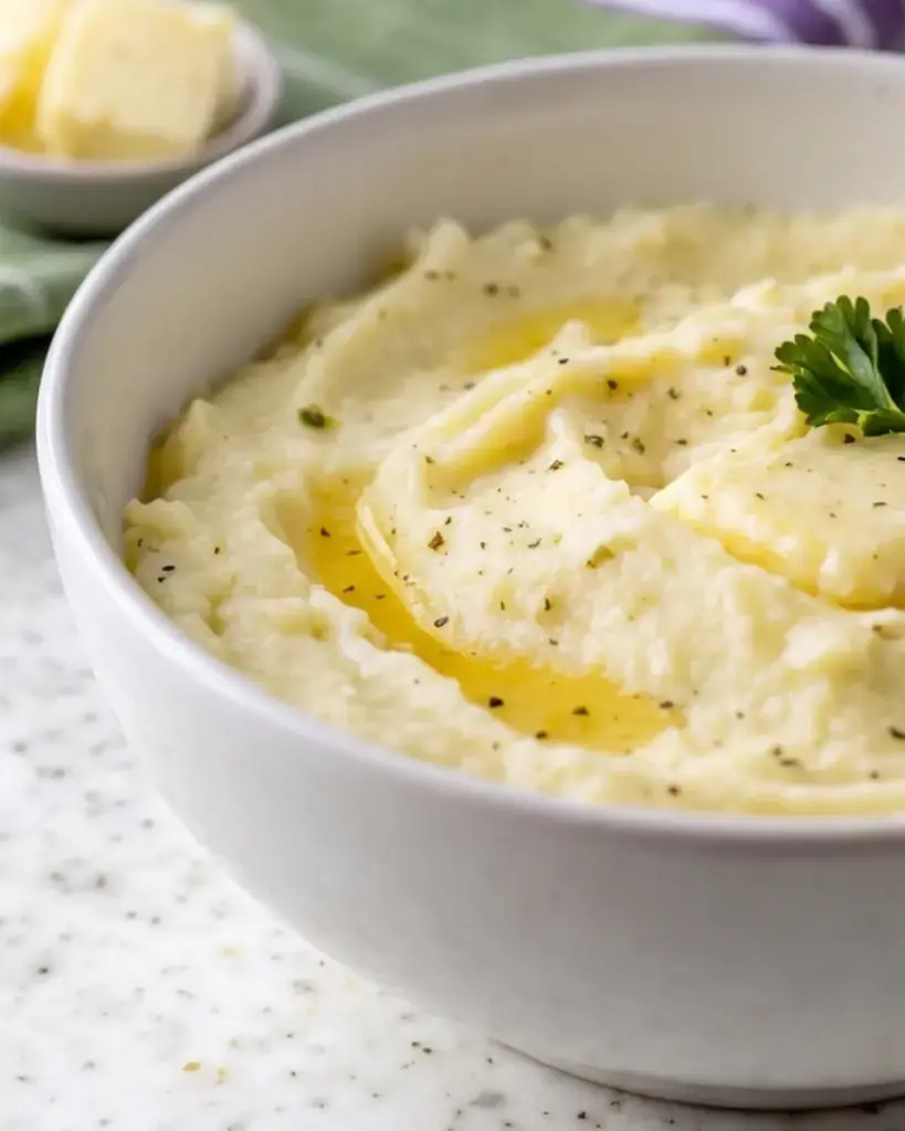 Side view of a bowl of creamy cottage cheese mashed potatoes with a dish of butter in the background