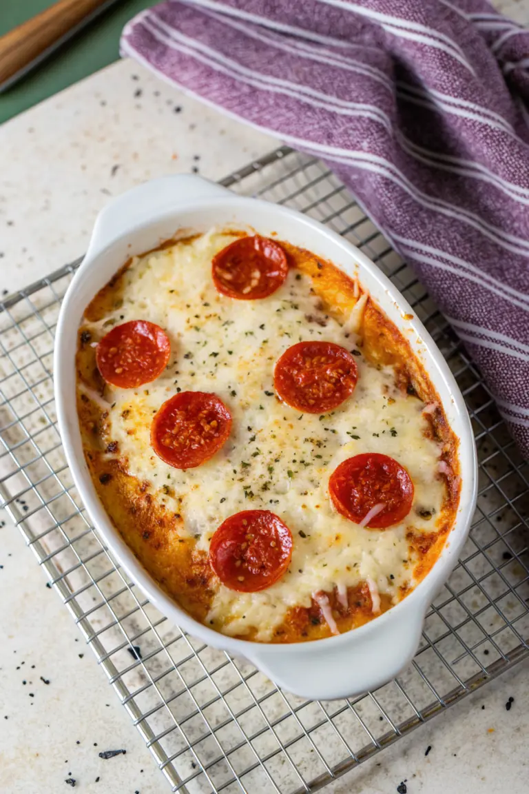 Creamy cottage cheese pizza bowl with melted mozzarella and pasta sauce in a baking dish, a high protein dinner recipe