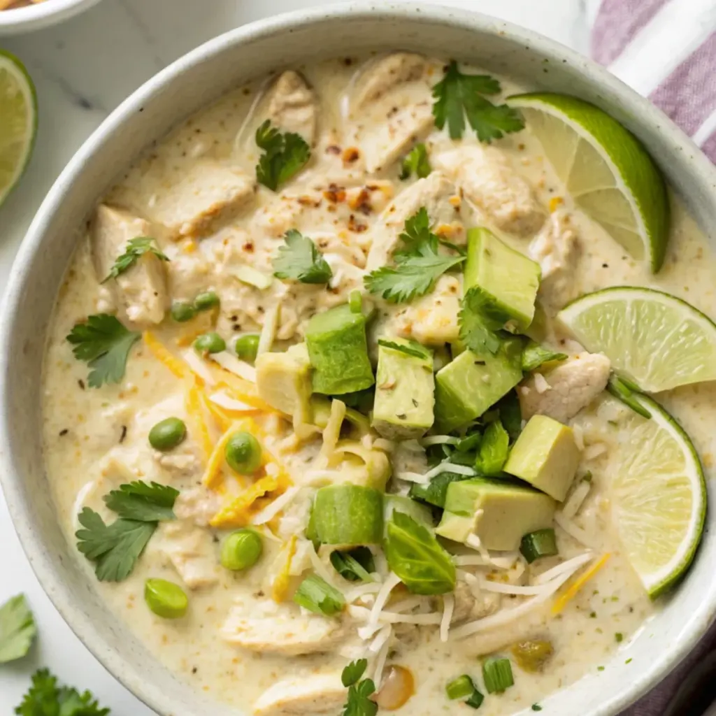 Creamy Slow Cooker White Chicken Chili Recipe with Cream Cheese, one of our 30g protein dinners