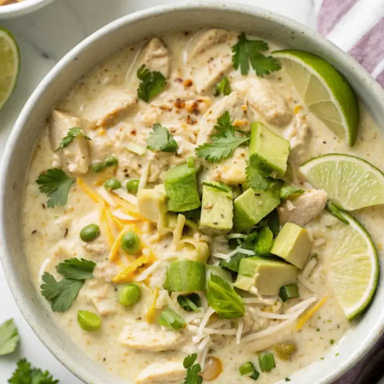 White chicken chili recipe with cream cheese in a bowl