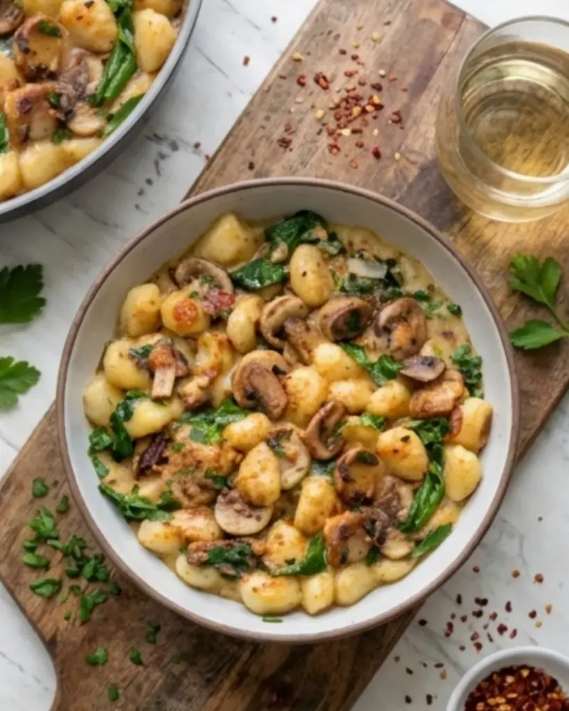 Overhead view of a bowl of creamy spinach mushroom gnocchi with a glass of white wine