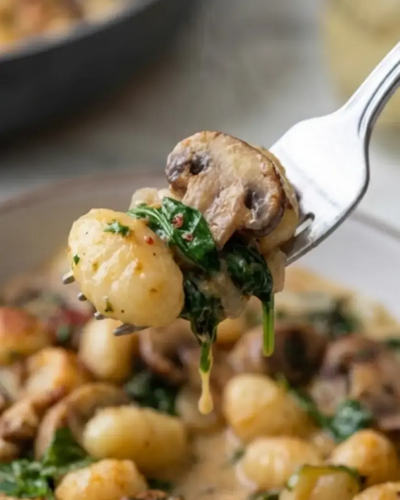 Fork lifting creamy spinach mushroom gnocchi with melted cheese