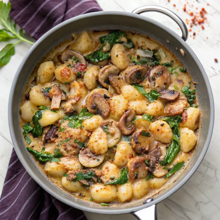 Creamy Spinach Mushroom Gnocchi Recipe - easy high protein recipe