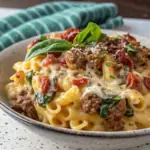 Creamy Tuscan Ground Beef Pasta - easy high protein recipe