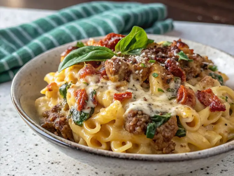 Creamy Tuscan Ground Beef Pasta - easy high protein recipe