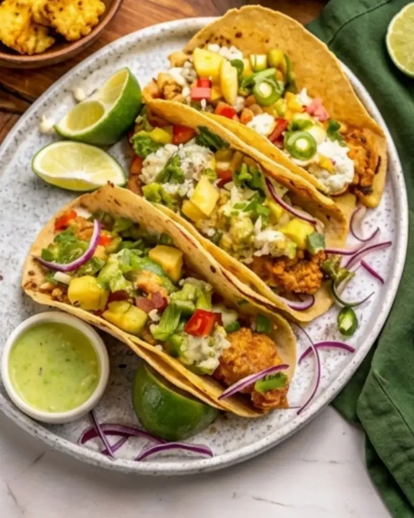 Overhead view of crispy fish tacos on a plate with lime wedges and a side of green sauce