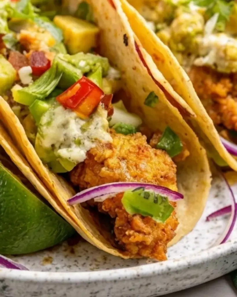 Close-up of crispy fish tacos topped with mango salsa, red onion and creamy sauce