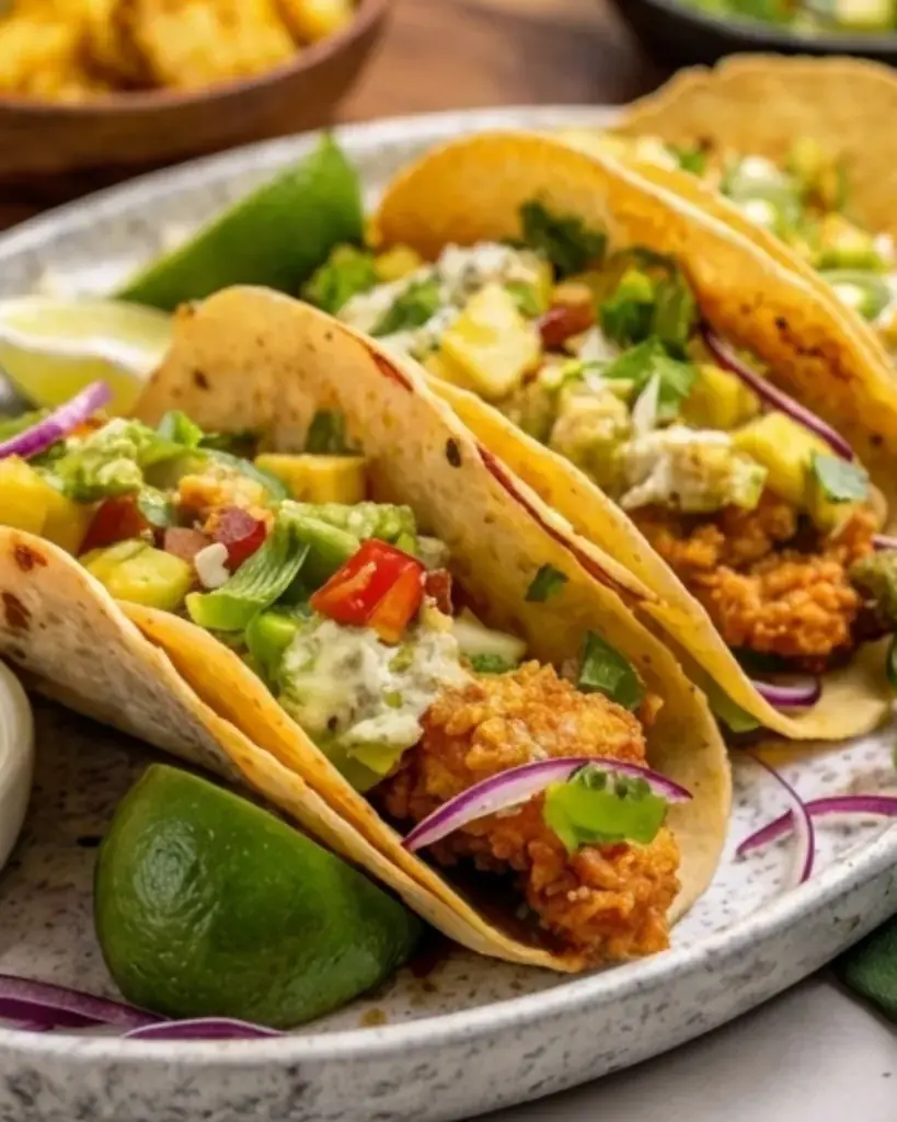 Plate of crispy fish tacos with avocado, pico de gallo and lime wedges