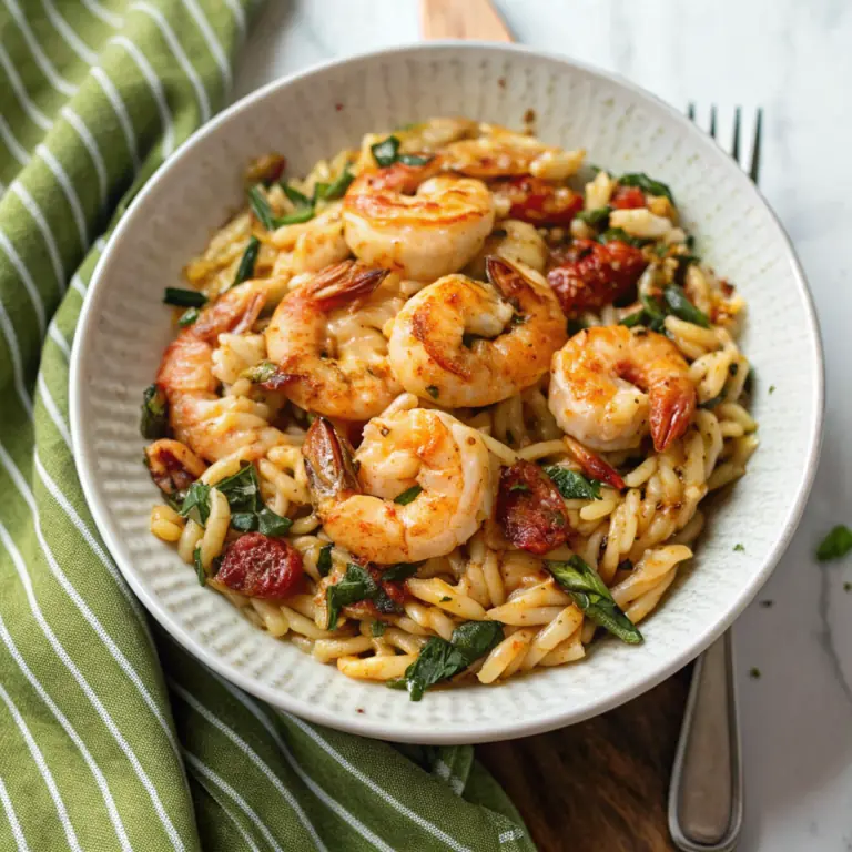 Delish Garlic Shrimp Orzo Dinner - easy high protein recipe