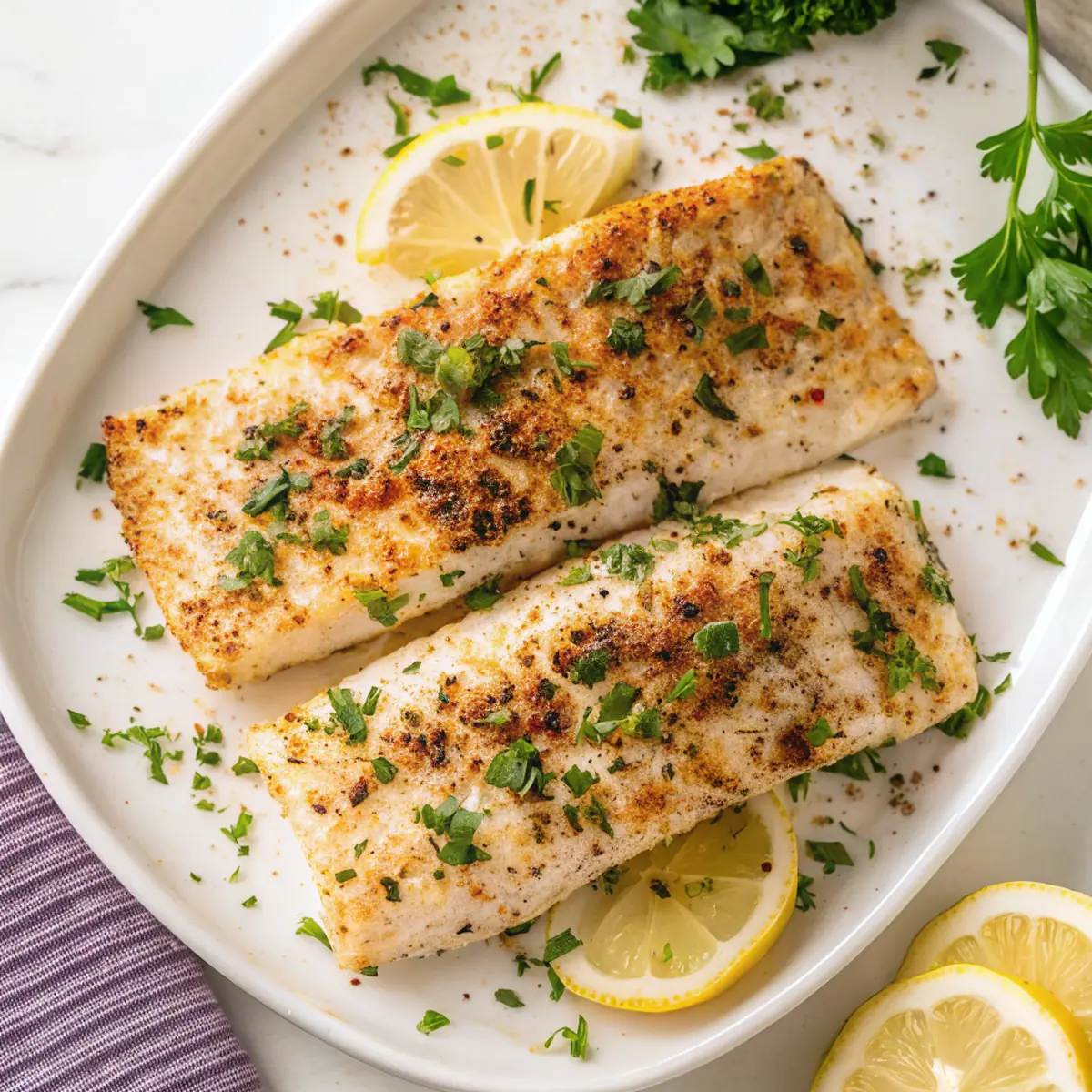 Easy baked mahi mahi recipe with seasoned fillets, lemon slices and fresh parsley
