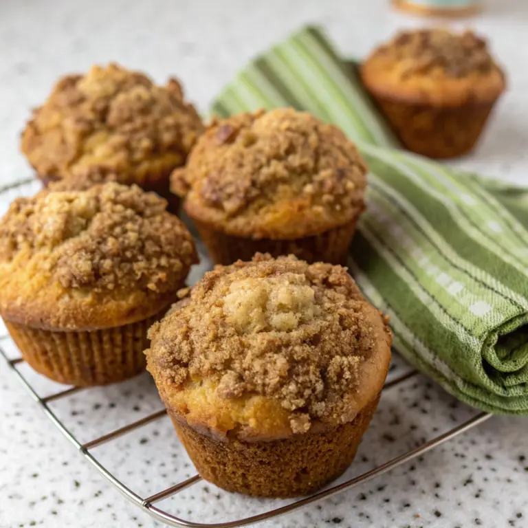 Cinnamon streusel muffins with golden crumb topping on a cooling rack