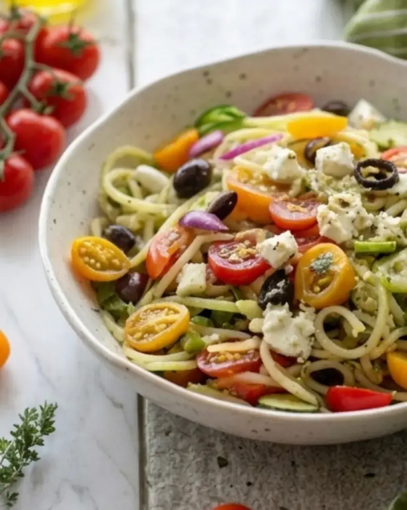 Bowl of Italian spaghetti salad with tomatoes, olives and feta cheese on a marble counter