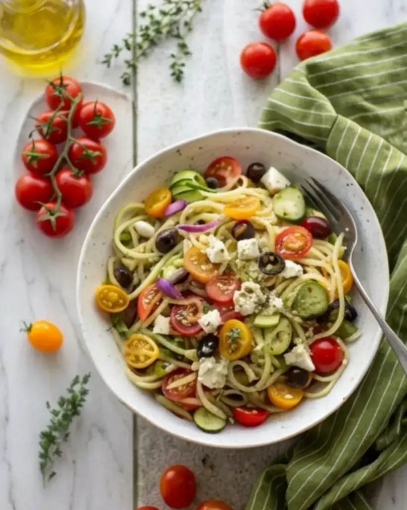 Overhead view of Italian spaghetti salad in a bowl surrounded by fresh cherry tomatoes