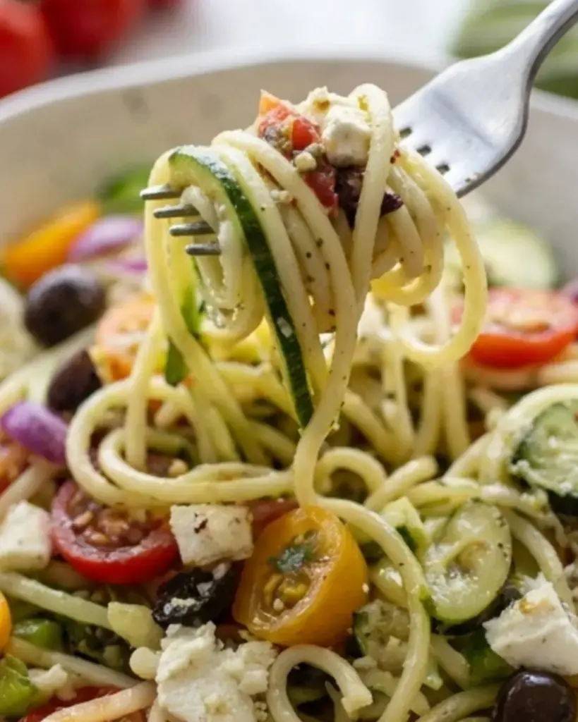 Fork lifting Italian spaghetti salad with zucchini noodles, cherry tomatoes, olives and feta