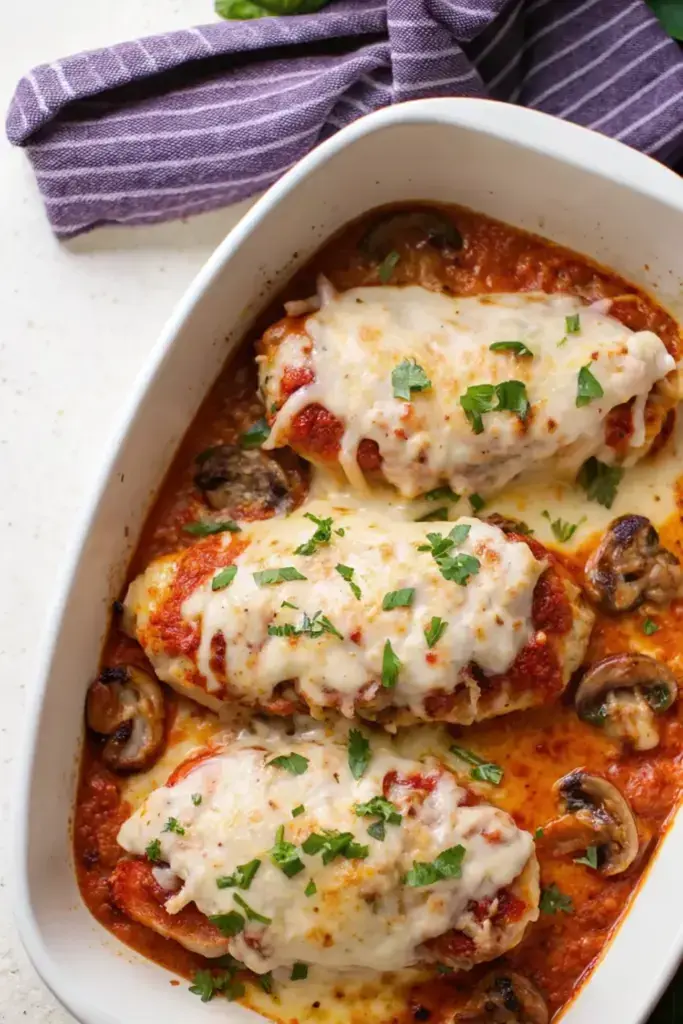 Easy Mozzarella Chicken with Mushrooms, one of our 30g protein dinners