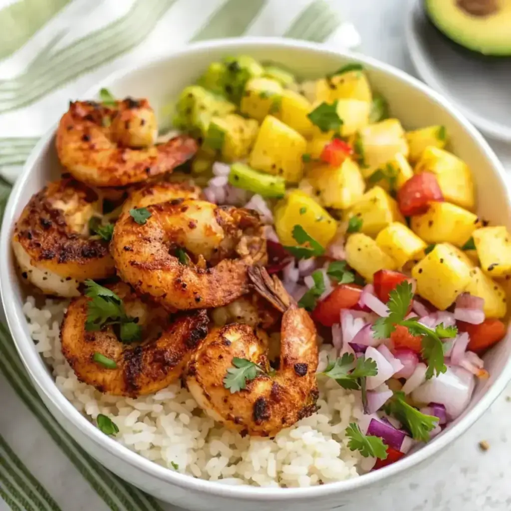 Easy Shrimp Rice Bowl with Pineapple Salsa, one of our 30g protein dinners
