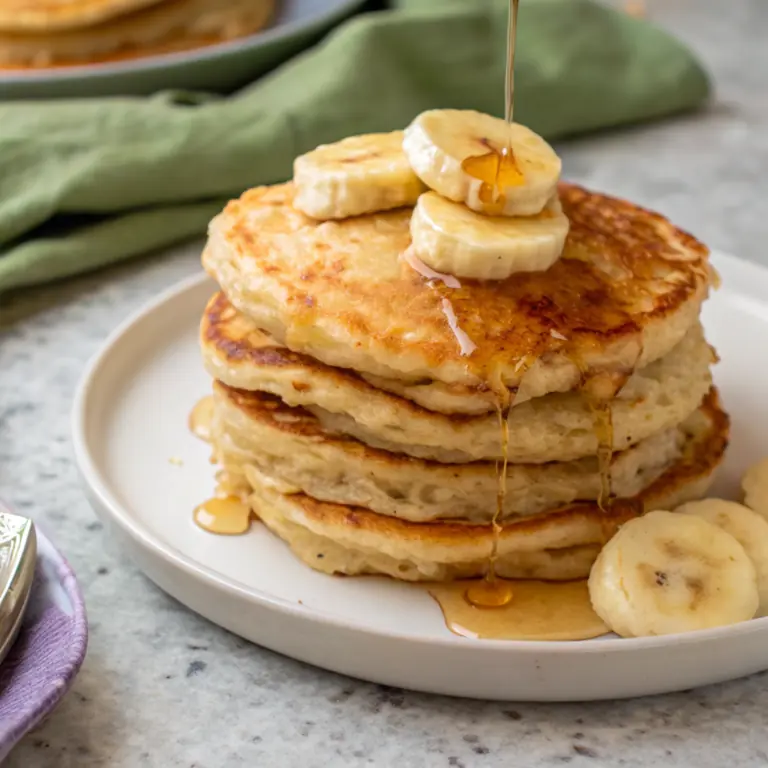 Banana cottage cheese pancakes stacked with banana slices