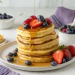 Fluffy cottage cheese pancakes stacked with strawberries, blueberries and maple syrup