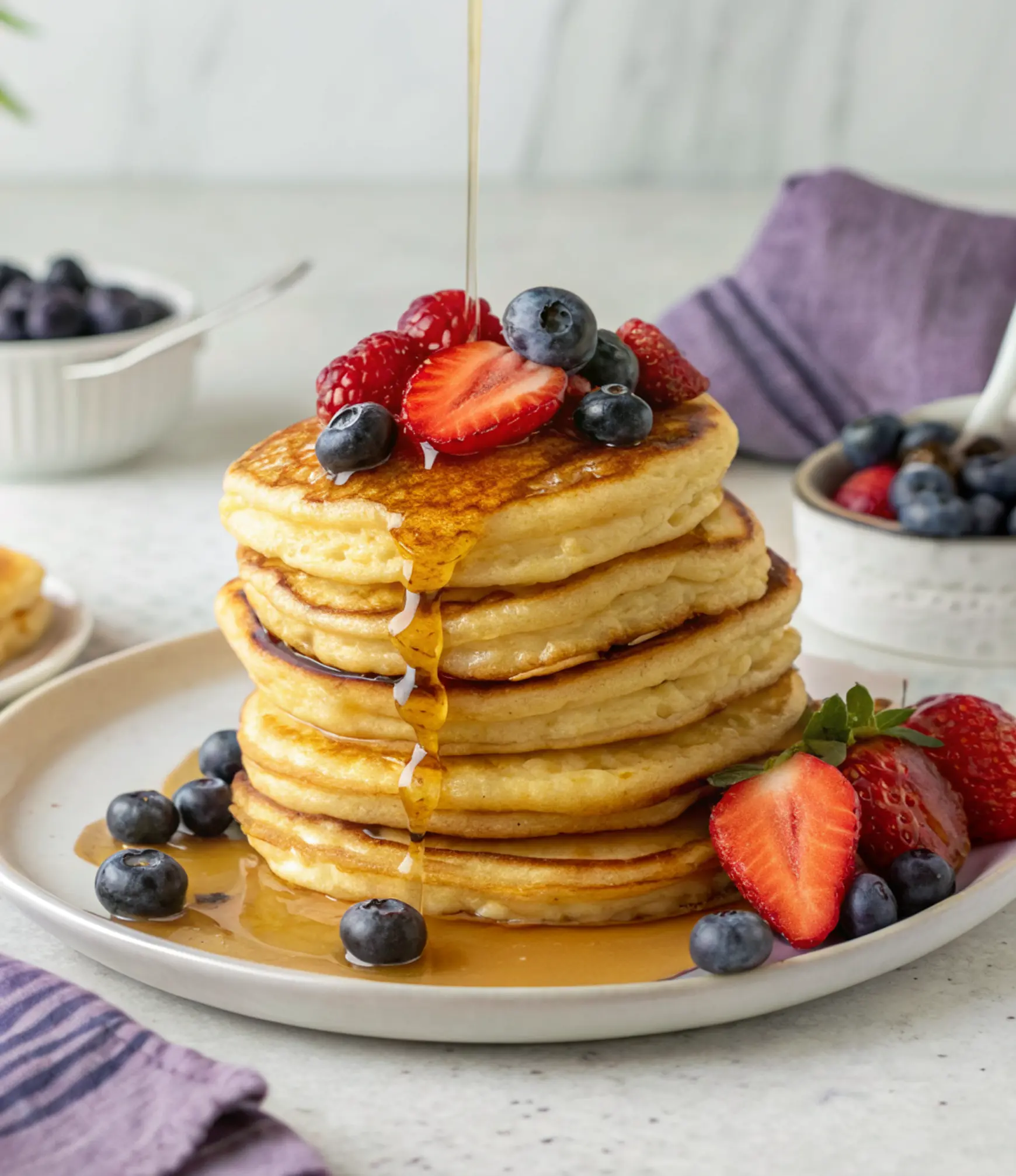 Fluffy cottage cheese pancakes stacked with strawberries, blueberries and maple syrup