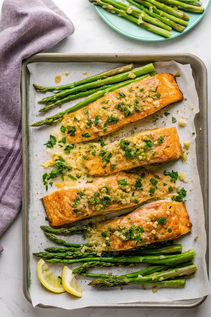 Garlic Parmesan Crusted Salmon and Asparagus - easy high protein recipe
