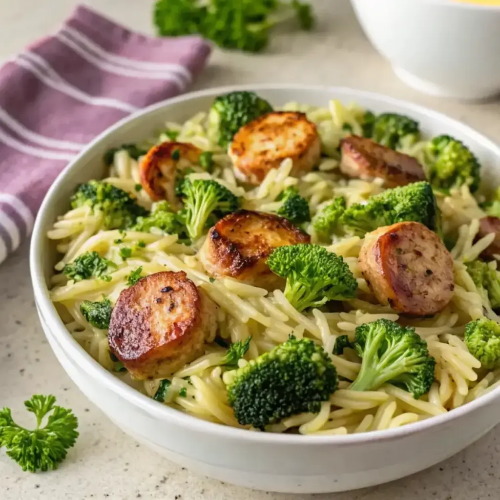 Healthy Chicken Sausage Broccoli Orzo, one of the quick high protein dinners on our list
