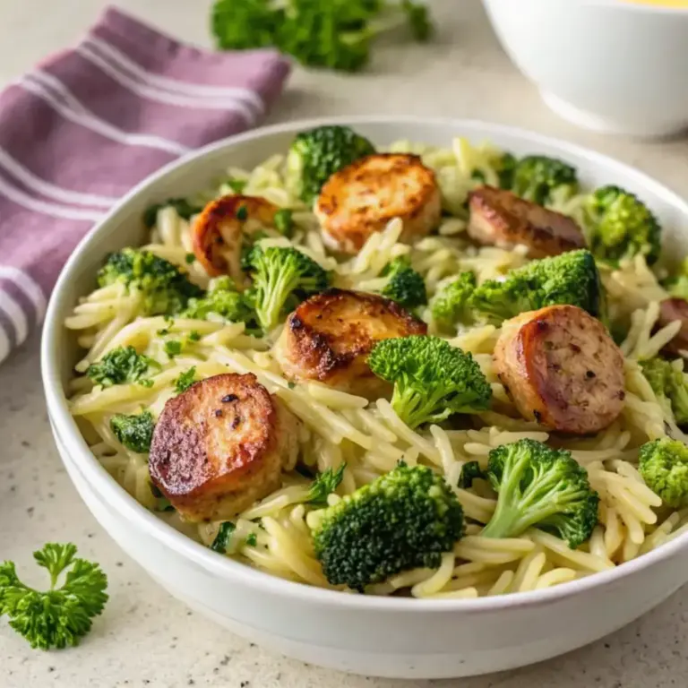 Healthy Chicken Sausage Broccoli Orzo - easy high protein recipe