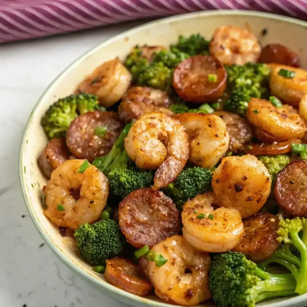 Honey Garlic Shrimp Sausage Broccoli, one of our 30g protein dinners