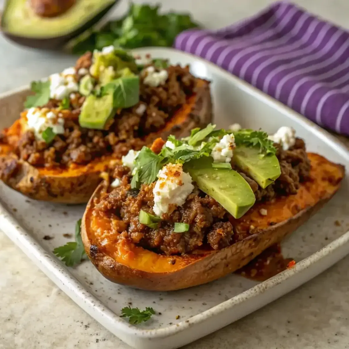 Hot Honey Beef Sweet Potato Boats - easy high protein recipe