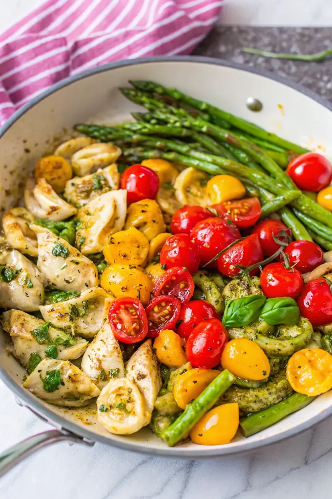 One Pan Pesto Chicken Tortellini - easy high protein recipe