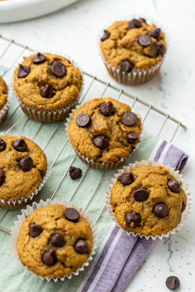 Pumpkin chocolate chip protein muffins for Thanksgiving morning