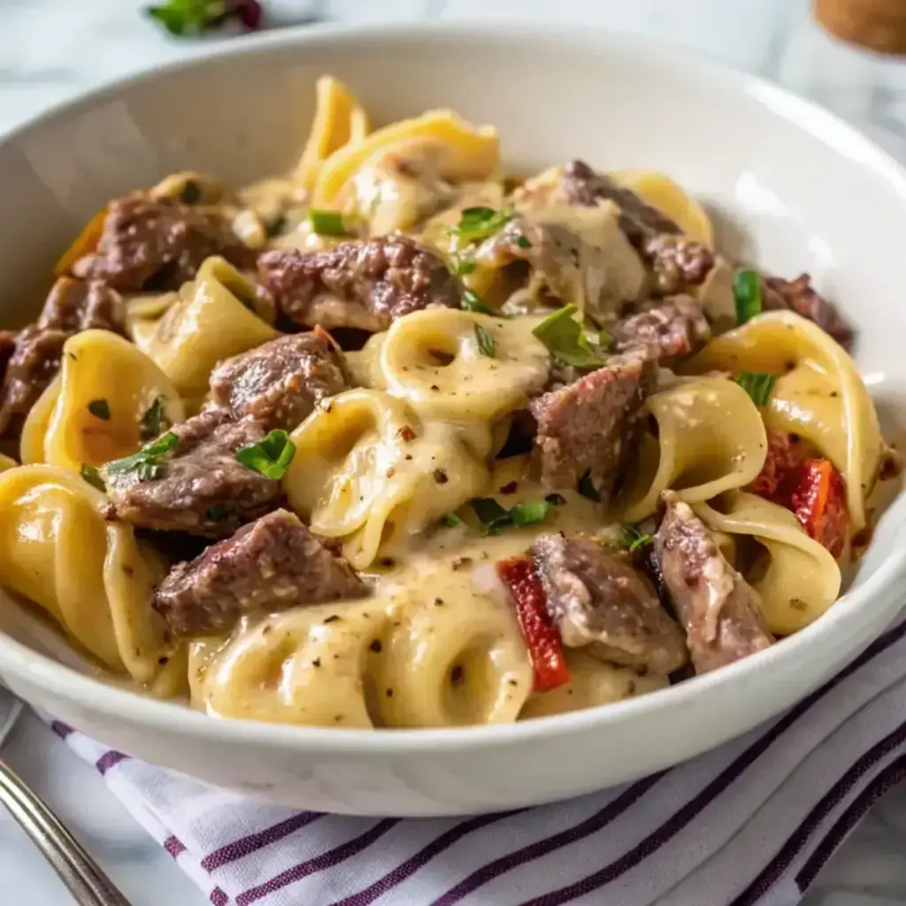 Quick Philly Cheesesteak Tortellini Pasta, one of our 30g protein dinners