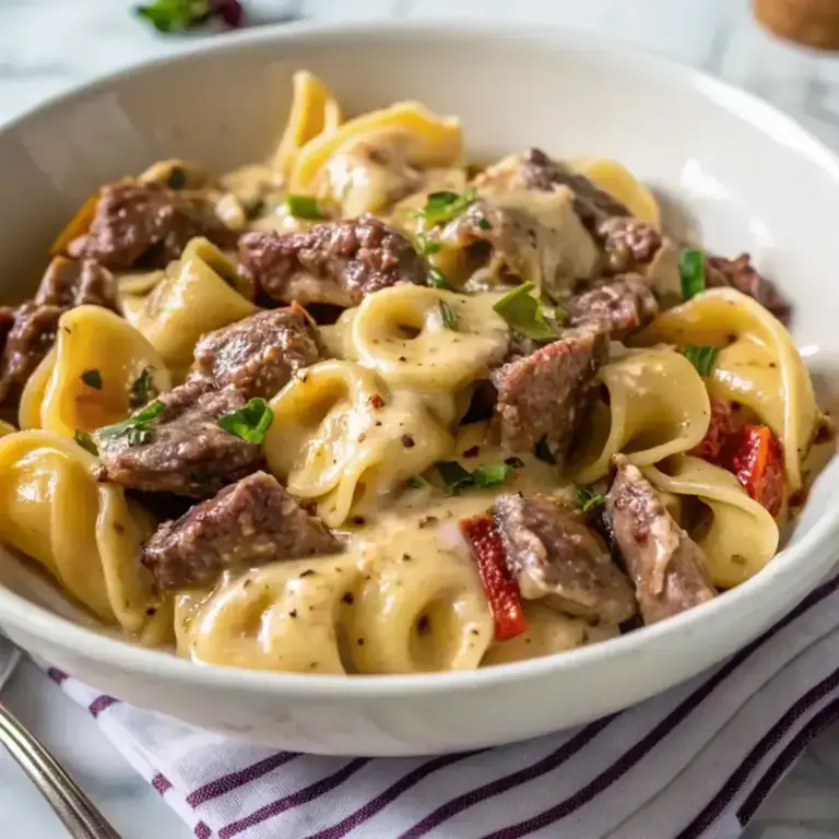 Quick Philly Cheesesteak Tortellini Pasta - easy high protein recipe